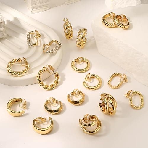 THUNARAZ 9 Pairs Clip on Earrings for Women 14K Gold Plated Chunky Hoop Clips Earring Trendy Clip on Hoop Earrings for Women Non-Pierced Fake Jewelry thumbnail 7
