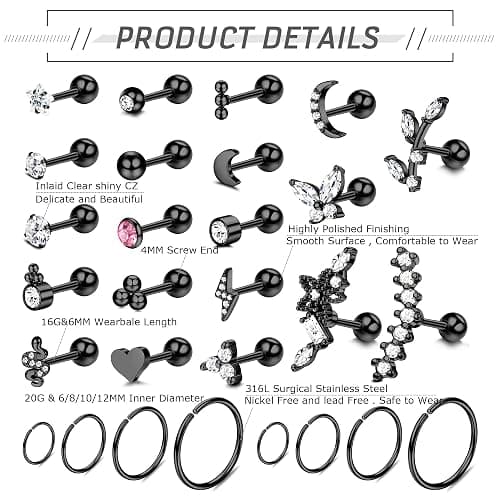 Besteel 28 Pcs 16g Cartilage Earring Stud Hoop for Women Tragus Stud Earring Cartilage Piercing Jewelry Surgical Steel Forward Helix Earrings Hoop Rook Daith Conch Piercing Jewelry thumbnail 3