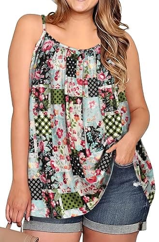 Plus Size Tank Tops for Women Boho Floral Loose Cami Spaghetti Strap Tunic Blouses - Image 1