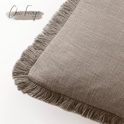 Foindtower Set of 2 Decorative Linen Fringe Throw Pillow Covers Boho Farmhouse Cushion Cover with Tassels Soft Accent Pillowcase for Couch Chair Sofa Bed Living Room Home Decor,20×20 Inch,Brown Tan thumbnail 3