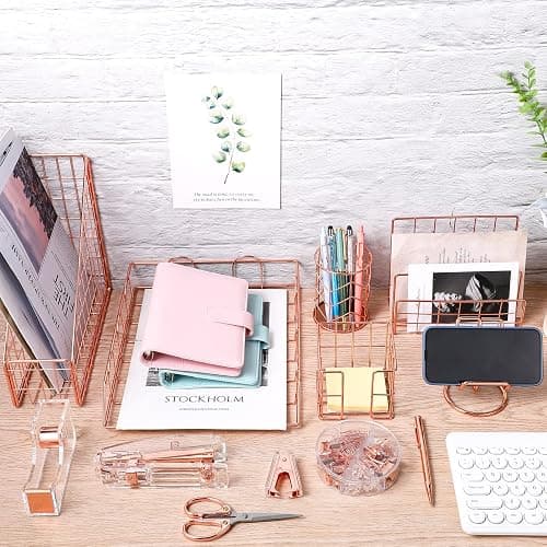 Yaomiao 13 Pcs Desk Accessories Kit Organizer Office Supplies Valentines Women School Gift Acrylic Stapler Staple Remover Tape Holder Pen Cup Magazine File Letter Clip Phone Holder Scissor(Rose Gold) thumbnail 5