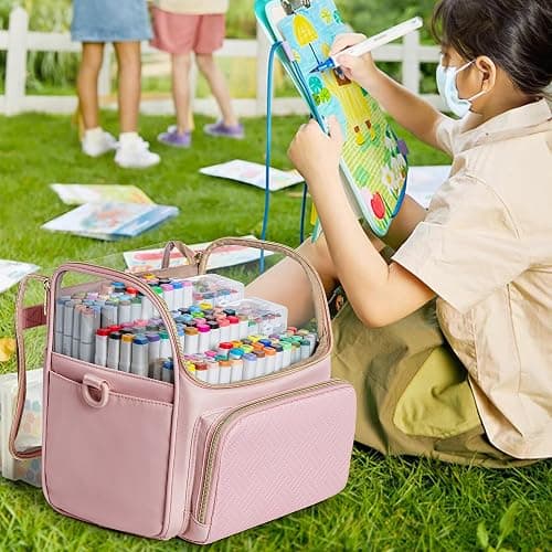 Rexmica Large Marker Organizer Case for 180 Markers, Marker Storage Bag with Dividers and 4 Pockets for Paint Markers, Paint Brushes, Colored Pencils or Other Art Supplies, Black (Patented Design) - Pink thumbnail 7
