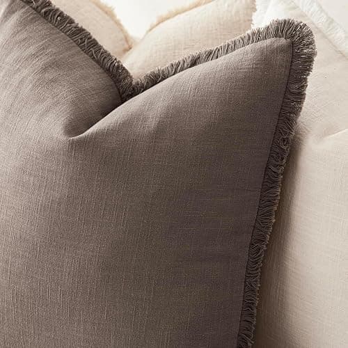 Foindtower Set of 2 Decorative Linen Fringe Throw Pillow Covers Cozy Farmhouse Cushion Cover with Tassels Accent Pillowcase for Couch Chair Sofa Bed Living Room Home Decor,18×18 Inch,Light Coffee thumbnail 5