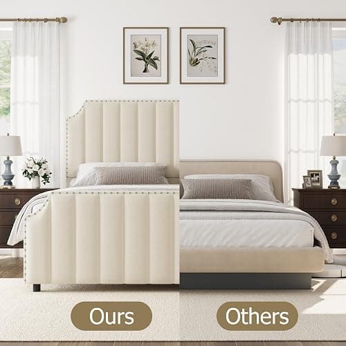 GarveeHome Queen Size Platform Bed Frame with 50.2 in Headboard, Velvet Upholstered Bed Frame Queen with Vertical Channel Tufted Headboard & Footboard, Nailhead Trim, No Box Spring Needed, Cream thumbnail 8
