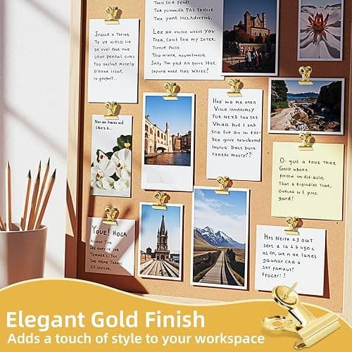 Golden Push Pins Clips (30 Pcs), Upgraded Thumb Tacks with Metal Clips for Cork Board, Bulletin Board Photos Notes Documents, No Hole Paper Clips Durable Office and School Supplies with Stronger Glue thumbnail 6