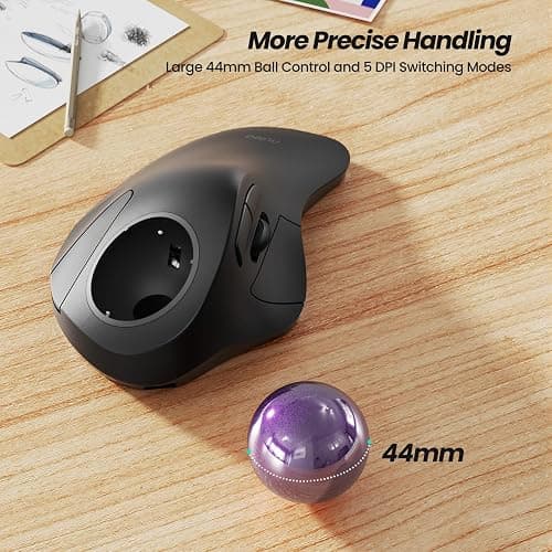 Nulea Wireless Ergonomic Trackball Mouse, Rechargeable, Bluetooth Rollerball Mouse, 44mm Index Finger Trackball, 5 Adjustable DPI, Compatible with PC, Laptop, iPad, Mac, Windows, Android thumbnail 4