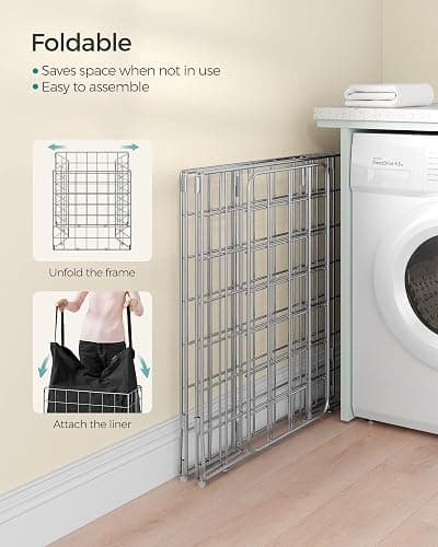 SONGMICS 29 Gal. (110L) Laundry Basket, Laundry Hamper, Collapsible Clothes Hamper, Removable and Washable Liner, Metal Wire Frame, for Bedroom Bathroom, Silver and Classic Black ULCB111B01 thumbnail 7