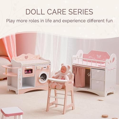 ROBOTIME Wooden 6-in-1 Baby Doll Changing Table with Baby Doll Crib, Washing Machine, Bottle Sterilizer, Storage Area, and Doll Seat, Ideal Role-Playing Toy for Kids 3+, Fits Dolls Up to 20 in, Pink thumbnail 8