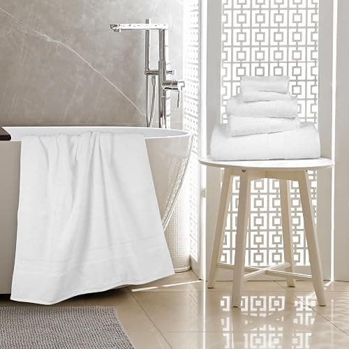 Amazon Basics 6-Piece Oversized Highly Absorbent Fade-Resistant Towel Set, 100% Cotton Towels for Bathroom, Soft, 2 Bath Towels, 2 Hand Towels, 2 Washcloths, White thumbnail 2