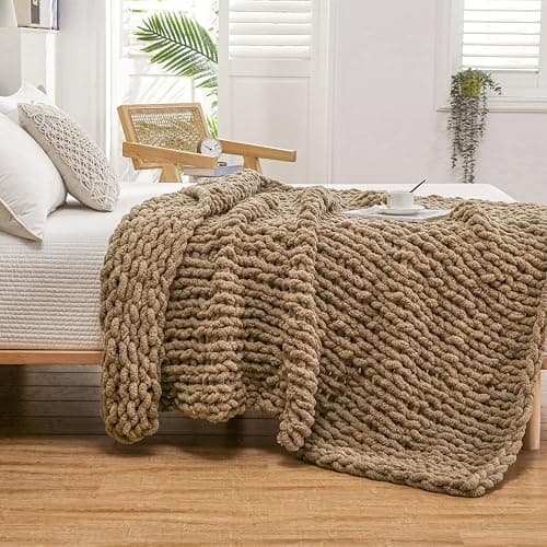 WESHIONGOO Chunky Knit Blanket Throw 51"×63" Knitted Throw Blankets for Couch Bed Fluffy Soft Blanket with Jumbo Chenille Yarn Thick 100% Handmade (Brown) thumbnail 3