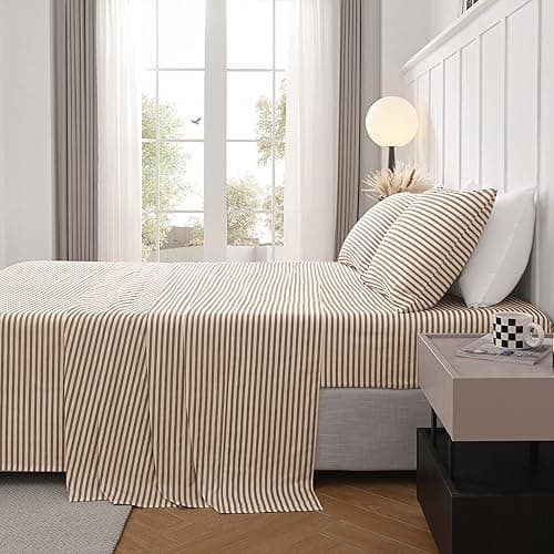 JELLYMONI Striped Sheets Set Queen Size, 4 Pieces 100% Cotton Bed Sheets - 16" Deep Pockets Fitted Flat Sheet & Pillowcase Bedding Set, Ultra-Soft, Machine Washable - Khaki - Queen thumbnail 2