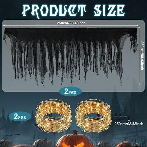 Breling 2 Pcs Halloween Creepy Cloth Black Cloth 98" x 35" Spooky Creepy Gauze with 18.04 ft String Lights Hanging Spooky Decor for Halloween Party Supplies Fireplace Window Table Doorways Decor thumbnail 3