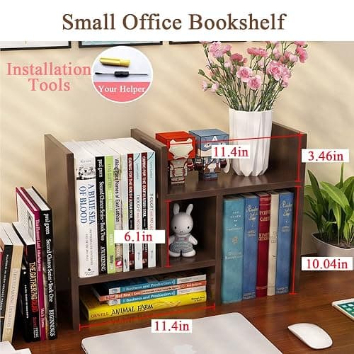 VOVCIG Desktop Organizer Expandable Office Storage Rack Adjustable Wood Display Shelf Rack Small Bookshelf Office Supplies Storage Shelf, 5 Units(Dark Brown) thumbnail 3