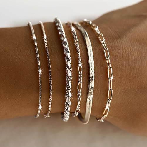DEARMAY Dainty Silver Plated Bracelets for Women Trendy, Silver Jewelry Set for Women Bracelets for Women Paperclip Box Herringbone Figaro Rope Chain Bracelet Fashion Pack Gifts for Women thumbnail 2