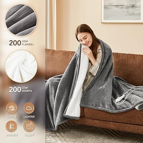 Homemate Heated Blanket Electric Throw - 50"x60" Heating Blanket Throw 1/2/4/6/8 Hours Auto-off 10 Heat Level Over-heat Protection Flannel Sherpa Heater Blanket ETL Certification - Light Grey - 50 Inch x 60 Inch thumbnail 2