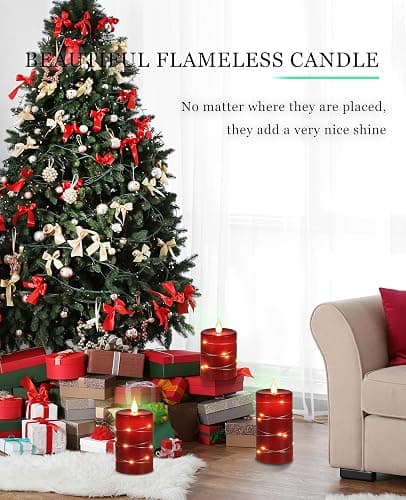 Fanzir Red flameless Candles with Remote Control Timer Battery Operated LED Pillar Candles 4‘’ 5‘’ 6‘’ Fake Candles with String Lights Set of 3 for Christmas or Special Festivals Decorations thumbnail 6