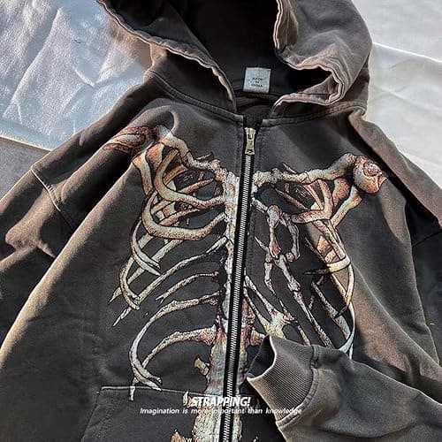 MLAFE Gothic Hooded Sweater Retro Bone Print Hooded sweatshirt Y2K zip-up jacket Grunge Hooded Sweater Harajuku upper garment thumbnail 4
