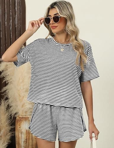 Kistore Summer 2 Piece Pajamas Sets Short Sleeve Sleepwear Pjs Lounge Split Short Sets thumbnail 4