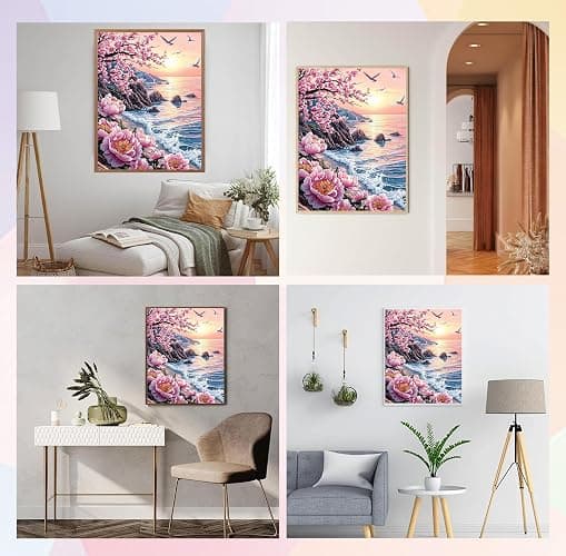 QENSPE Diamond Painting Art Kits for Adults, 5D DIY Sunset Seaside Diamond Art Round Full Drill Kits for Beginners, Pink Flowers Gem Peinture Diamant Craft Home Wall Decor Gift 30x40cm thumbnail 2