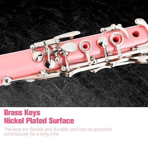 VANPHY Bb Clarinet For Beginners Students B Flat Clarinet 17 Keys Clarinet with Case Stand Strap 2 Barrels 8 Mouthpiece Cushion White Gloves(Pink) thumbnail 4