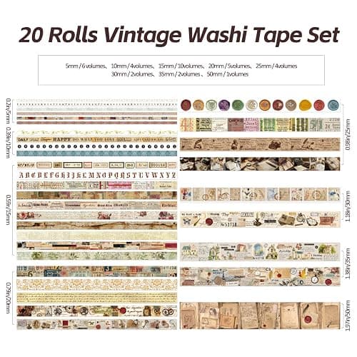 20 Rolls Vintage Washi Tape Set, Floral Letter Butterfly Mushroom Botanical Flower Writable Decorative Tapes for Scrapbooking , Junk Journal Supplies, Bullet Journaling 10-60mm Wide 6.56ft long/Roll thumbnail 4