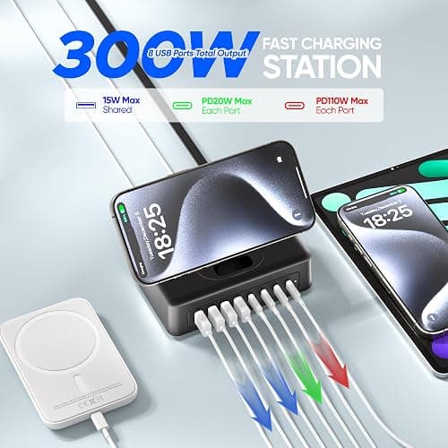 300W USB Charging Station, 11-in-1 USB C Power Strip Surge Protector, 2AC Outlets & 8USB Ports, 5ft Flat Plug Extension Cord with Multiple Devices, Desktop Charger for Home Office Desk Accessories thumbnail 3