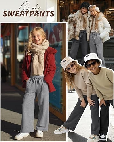 LessonZoo 3 Pack Girls' Sweatpants Wide Leg Drawstring Cargo Kids Joggers Open Bottom Loose Teen Pants with Pockets Sports thumbnail 2
