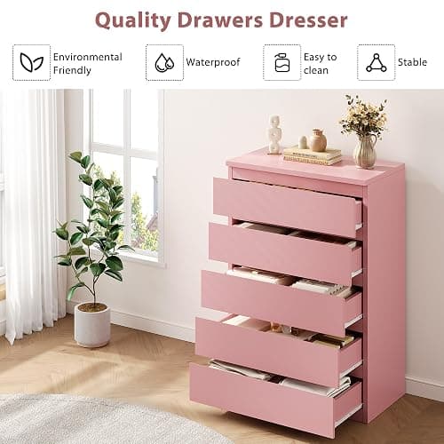 Jocoevol Pink 5 Drawer Dresser for Bedroom, 15" D x 23.7" W x 40.4" H in Simply Chest of Drawers, Wood Storage Dresser with Drawers for Living Room Hallway Entryway, Pink thumbnail 3