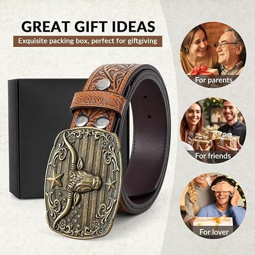 LALATCH Cowboy Western Belts for Men Women, Mens Western Cowboy Belt Embossed Belt Bull Buckle for Jeans Gifts Christmas thumbnail 6