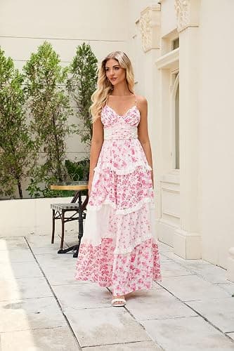 Women Floral Patchwork Maxi Dress V Neck Sleeveless Cross Back Spaghetti Strap Tiered Sundress Summer Long Dress thumbnail 2