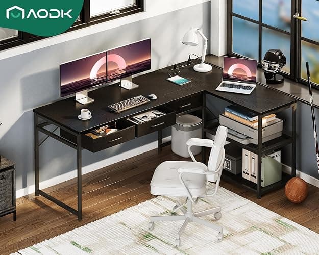 AODK 61 Inch L Shaped Computer Desk with Drawers, Corner Desk with Power Outlets & Reversible Storage Shelves, for Home Office Gaming, Black thumbnail 2