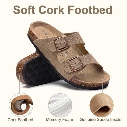 KIDMI Women's Cork Footbed Casual Summer Sandals with Mild Arch Support | Double Adjustable Buckle Slides for Men with Memory Foam, Lightweight Unisex No-Break-In Sandals thumbnail 5