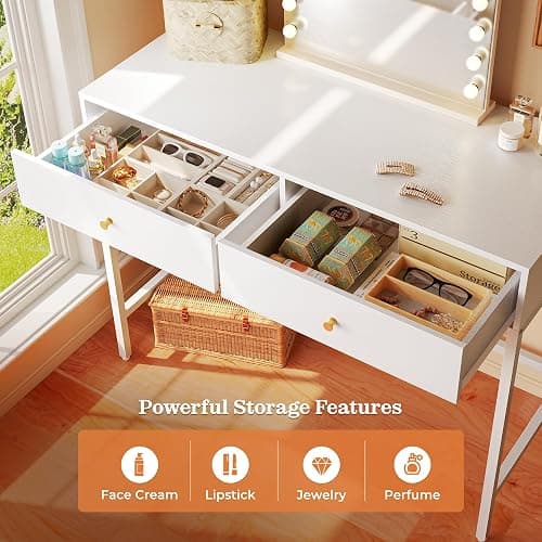 SUPERJARE 39.4" White Desk with 2 Drawers, Modern Makeup Vanity Desk, Small Computer Desk Home Office Desk for Writing Study Bedroom thumbnail 4