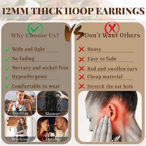 12mm Wide Thick Hoop Earrings 925 Sterling Silver Hoop Earrings for Women Hypoallergenic 14K Real Gold Plated Hoop Large Earring Lightweight Chunky Hoop Earrings for Women 25/30/40/50MM thumbnail 5