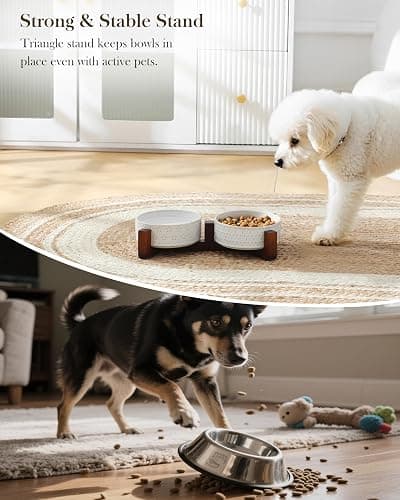 MALACASA Dog Bowl Set with Walnut Wood Stand, 1.5 Cups Ceramic Pet Bowls for Puppy Dogs, Dual Food and Water Bowls with Non-Slip Base, Basic Bowls for Your Dog or Cat, Five-Leaf Grass & Honeycomb thumbnail 6
