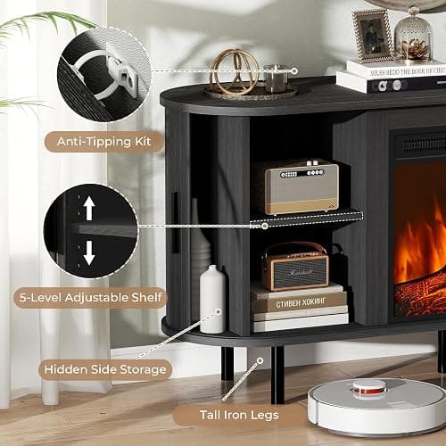 BREEZEHEAT 55'' Mid Century Modern Fluted TV Stand with 18" Fireplace, Curved Fireplace Entertainment Center for TVs Up to 65 Inches, Media Console Cabinet for Living Room/Bedroom, Black thumbnail 5