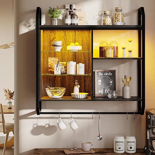 Bestier Gaming Floating Shelves, 34" LED Wall Mounted Shelf with Adjustable Glass Shelf, Pipe Shelves Hanging Display Rack Bookshelf with 6 S-Hook, Gaming Room Decor Wine Coffee Bar Black thumbnail 4