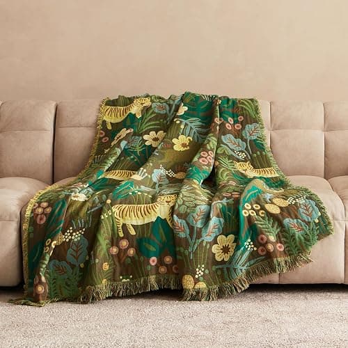 Boho Throw Blanket for Bed 100% Cotton Soft Lightweight Quilt Blanket Twin Forest Tiger Embroidery Home Decor Breathable Bed Blankets,60"×80" All Season Throw for Sofa Couch Chair thumbnail 8