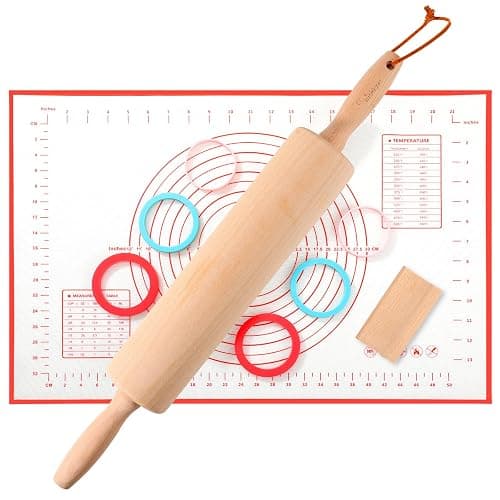 WitHlper Beechwood Rolling Pin Set with 6 Thickness Rings, Non-Slip Silicone Mat,Wood Stand β 17" Dough Roller for Baking, Pizza, Tortilla, Pastry β Wooden Rolling Pin Kit for Even Thickness - Image 1
