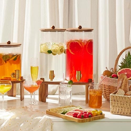 2 PCS 1.5 Gallon Drink dispenser, Glass Beverage Dispenser With Wood Stand, Large Water Drink Dispensers for Parties With Stainless Steel Spigot, Ideal for Lemonade,Juice, Tea, and Party Drinks thumbnail 2