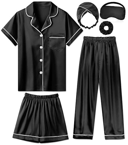 ALHAVONE Silk Pajamas for Girls Satin Pajama Kids 3 Pieces Short Sleeve Girl Button-down Pjs Shorts Pants Sleepwear - Image 1