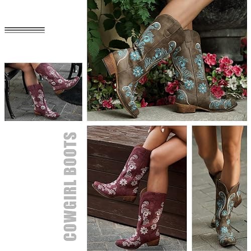IUV Cowboy Boots For Women Mid Calf Cowgirl Boots Embroidered Pull-On Tabs Snip Toe Boot thumbnail 4