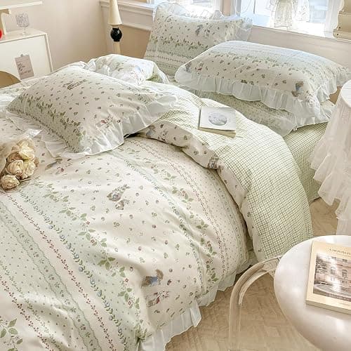 VM VOUGEMARKET Girls Flower Comforter Set Green Leaves with Cute Rabbit Comforter with 2 Pillow Shams Romantic Ruffle Down Comforter Set(3pcs,Queen) thumbnail 6