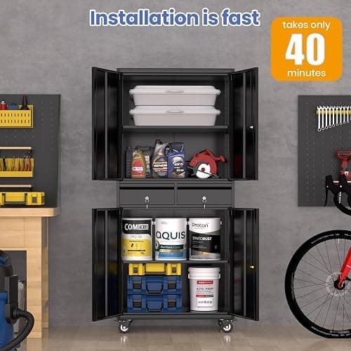GarveeHome 73'' Metal Storage Cabinet, Heavy Duty Garage Storage with Wheels, Locking Doors and 2 Drawers, Adjustable Shelves, Black thumbnail 6