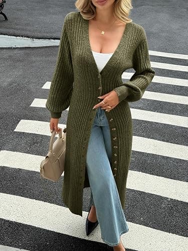 Saodimallsu Womens Long Cardigans V Neck Button Down Chunky Knit Dusters Sweater Coat Fall Trendy Maxi Sweater Dress thumbnail 3
