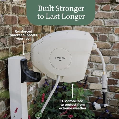 HOSELINK Beige 50ft Hi-Flow Automatic Retractable Garden Hose Reel, 9/16”, 8-Pattern Spray Nozzle, UV-Stabilized Kink-Free Hose, Wall Mounted Complete Watering Solution for Backyard, Garden & Outdoor thumbnail 4