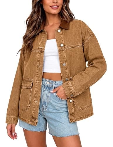 Yeokou Women’s Oversized Jean Jacket Button Down Casual Washed Coat | Washed denim fabric, Contrast canvas collar, Button front placket, Patch pockets, Fall trendy versatile street outfit - Image 1