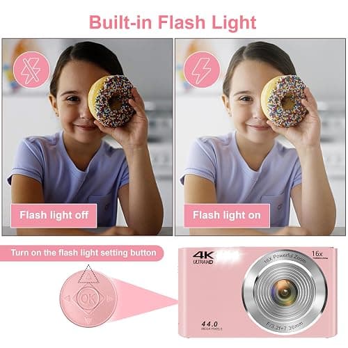 Digital Camera, FHD 4K Autofocus Digital Camera Pink with 64GB SD Card 16X Zoom, 2026 Upgraded Compact Cameras for Photography Point and Shoot Small Camera for Teen Boys Girls Kids Travel Adventures thumbnail 7