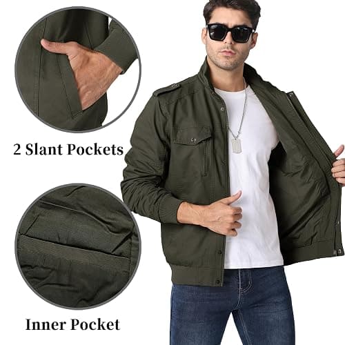 KEFITEVD Men's Jackets Bomber Military Cargo Coat Smart Casual Jacket Stand Collar Cotton Outerwear with Multi Pockets thumbnail 5