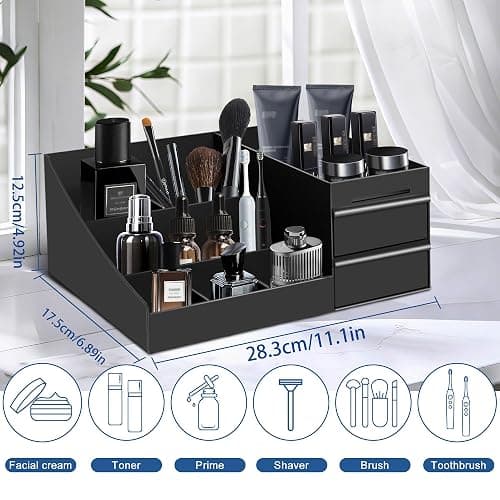 Novalunae Mens Bathroom Organizer with Drawer, Black Cologne and Perfume Display Stand with Storage Shelf for Vanity, Bathroom Counter, Shaving Supplies, Skin Care, Cologne Organizer for Men thumbnail 3